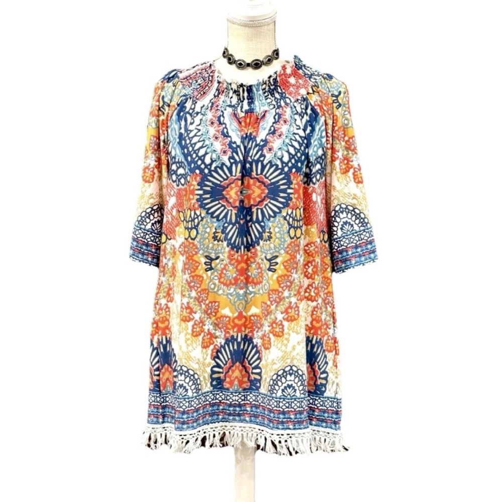 CALESSA BOHO TOP S/M RETRO FRINGE HIPPIE FESTIVAL COACHELLA DOPAMINE COVER UP - Picture 2 of 8